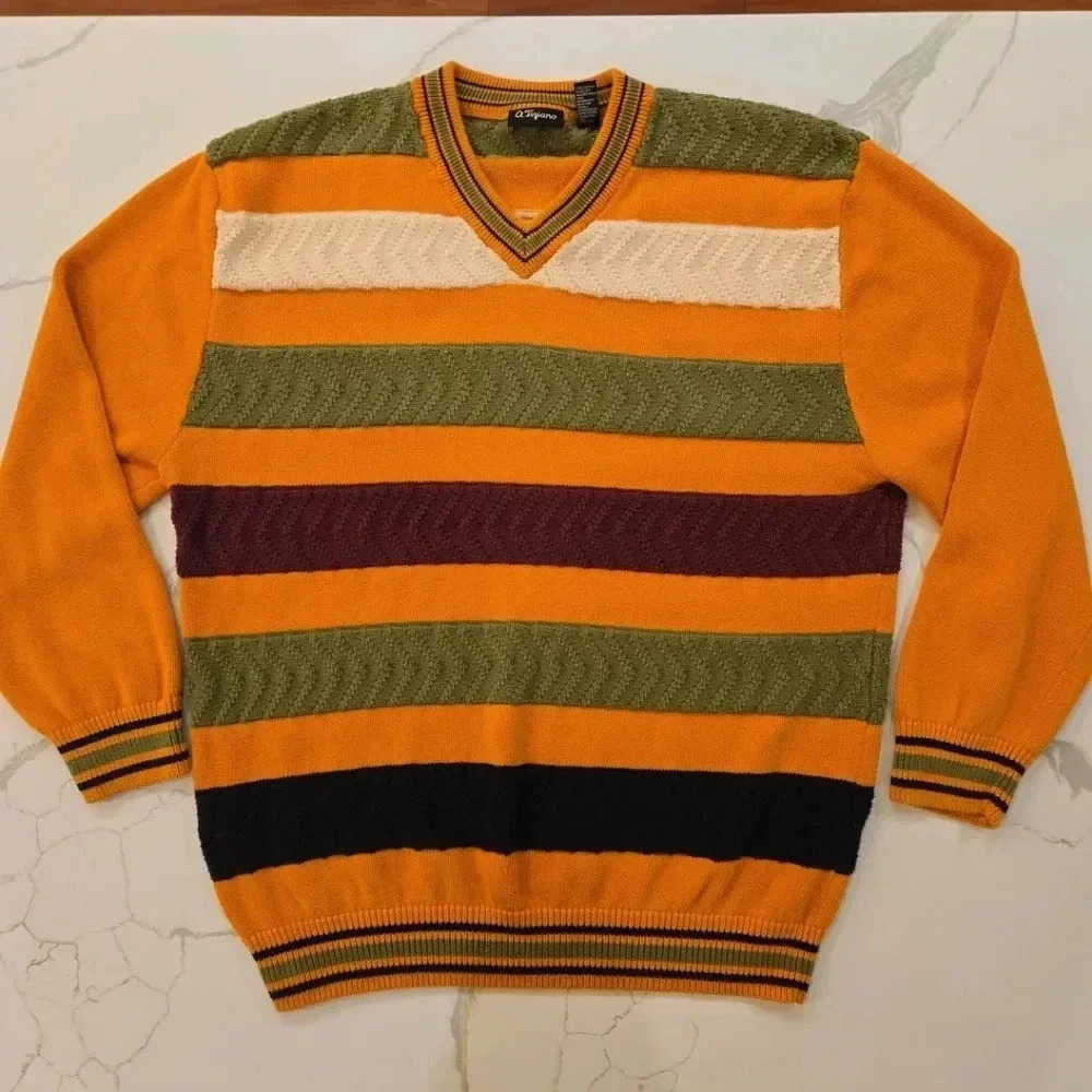 VTG A. Taziano Y2K V-Neck Striped Cotton Sweater Green Orange Size Mens XL